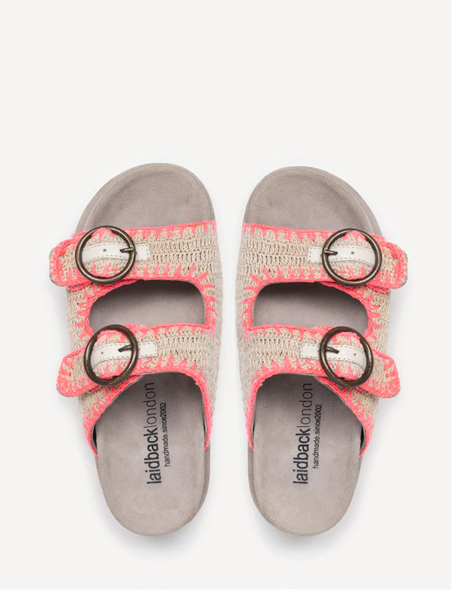 Clay Handwoven Crochet Sandals in Neon Pink by Laidback London