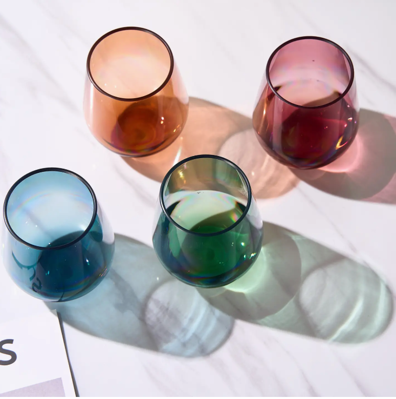 4 assorted stemless wine glasses with color rim Shatterproof Tritan Stemless Wine Glasses