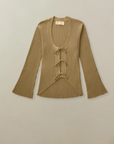 Brown ribbed sweater with lace-up front on a light gray background