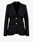 Black blazer with gold buttons on a white background