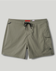 Olive green shorts with a drawstring on a light gray background