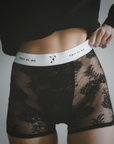 Black lace underwear with a white waistband on a neutral background