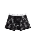 Black patterned boxer briefs with white waistband on a white background