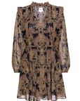 Long-sleeve dress with intricate gold and black pattern on a white background