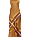 Gold patterned halter neck dress on a white background