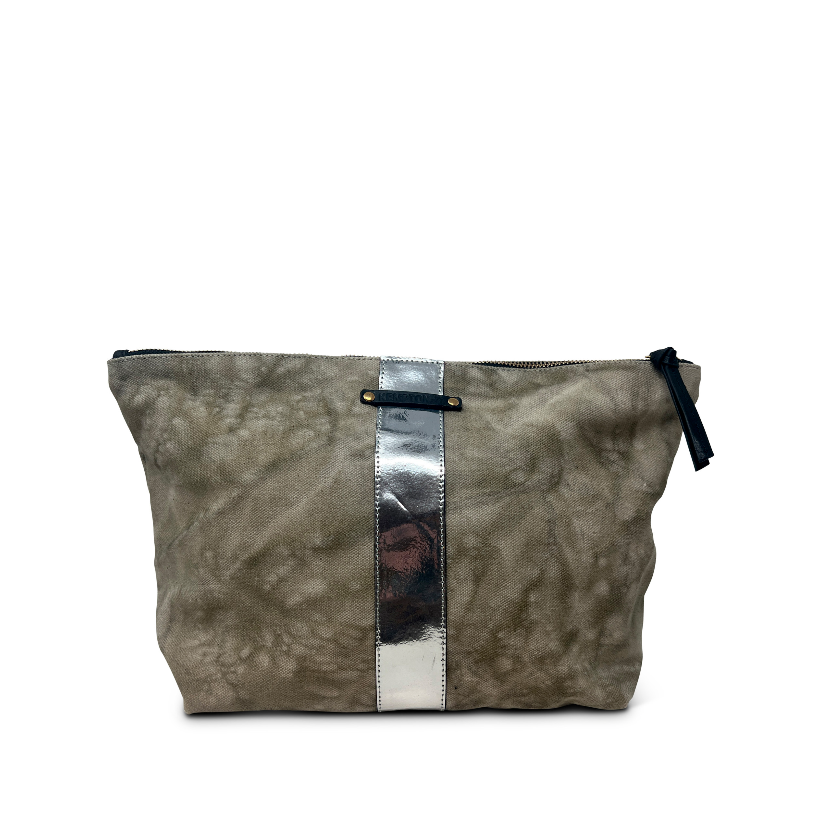 Gray textured bag with a metallic strip on a white background