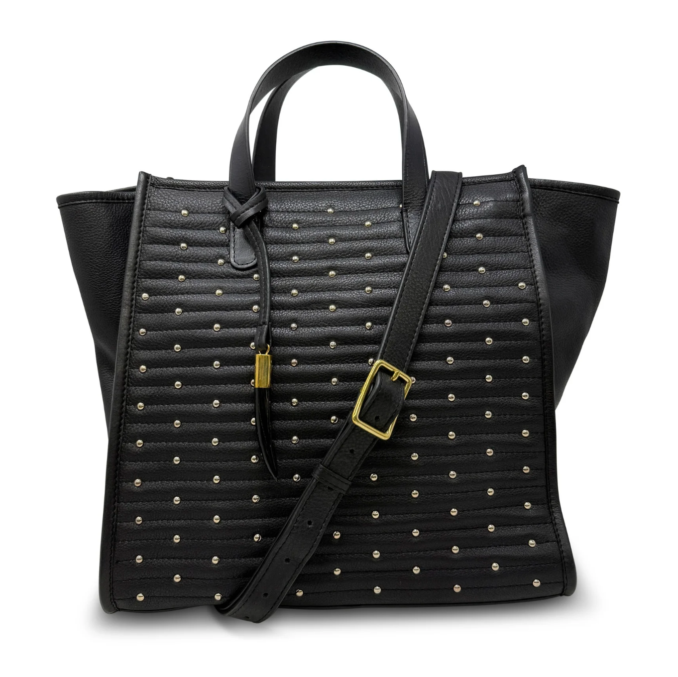 Black handbag with studded details and a gold buckle on a white background