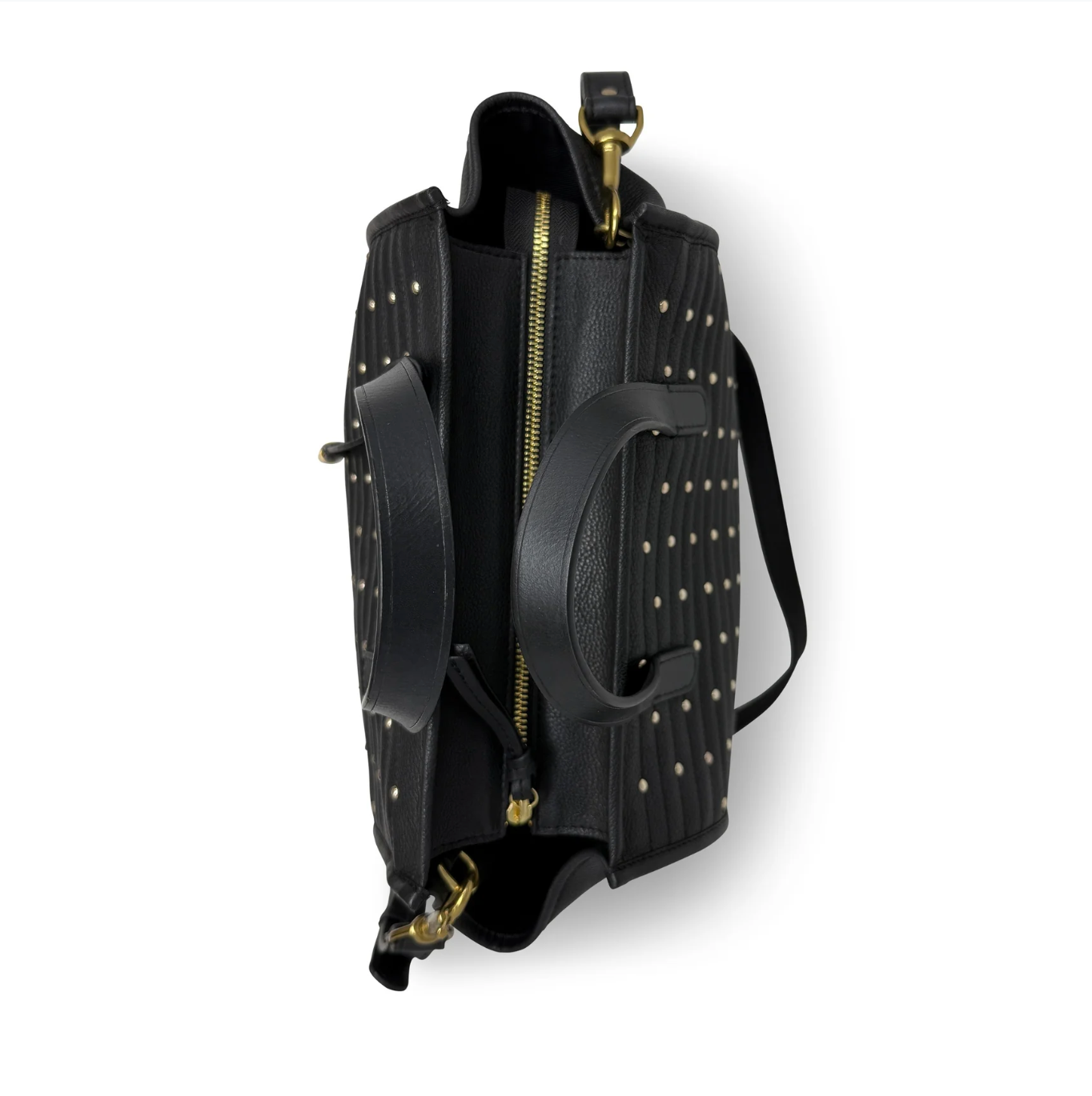 Black backpack with gold studs and zippers on a white background