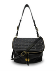 Black quilted handbag with gold accents on a white background