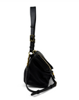 Black handbag with gold accents on a white background