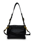 Black handbag with gold accents on a white background