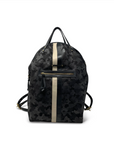 Black camouflage backpack with a silver stripe on a white background