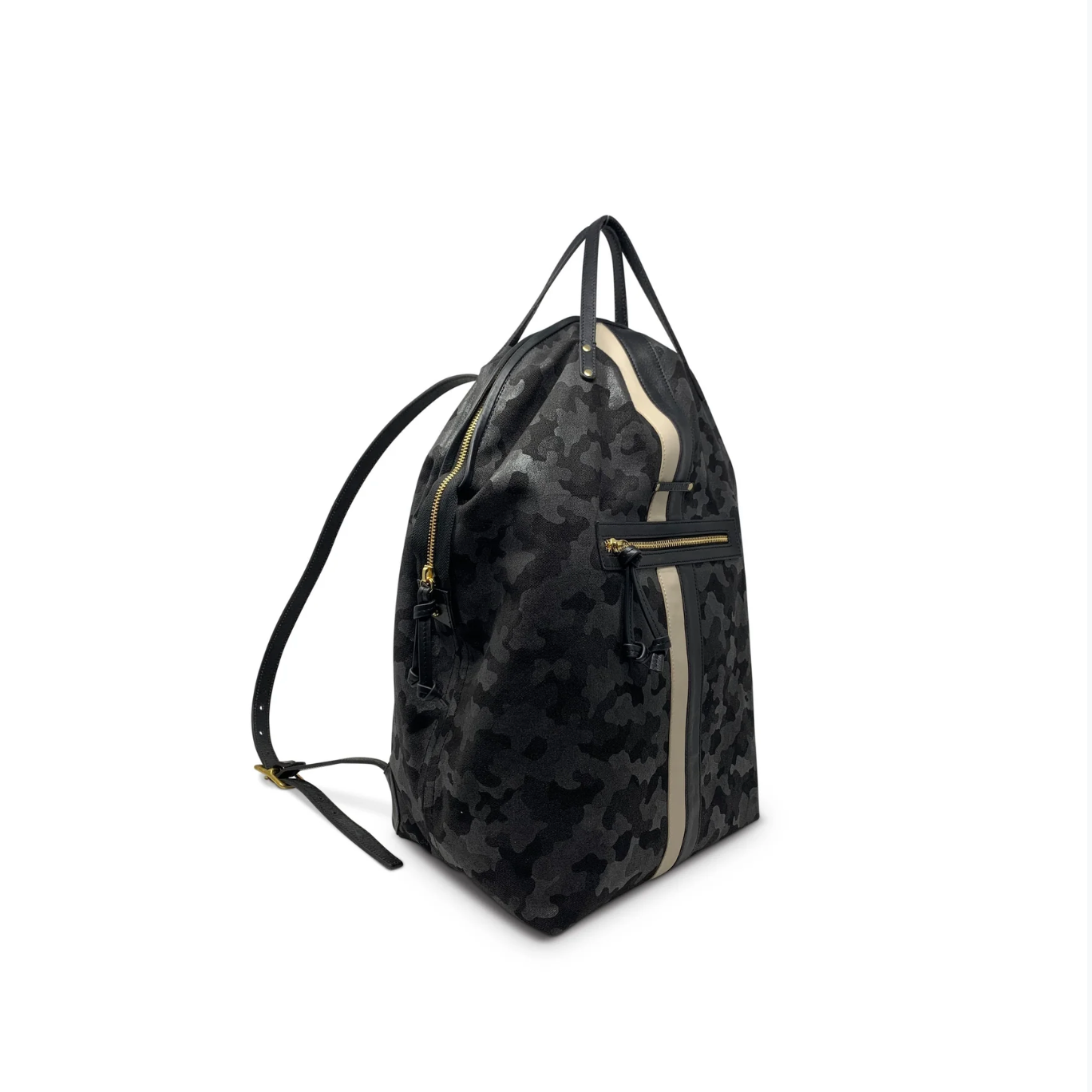 Black drawstring bag with white patterns on a white background