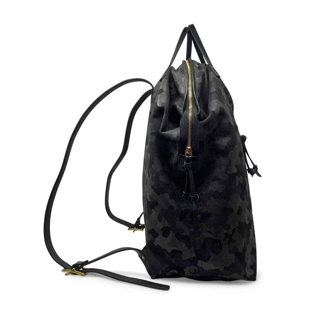 Black drawstring bag with a gold zipper on a white background