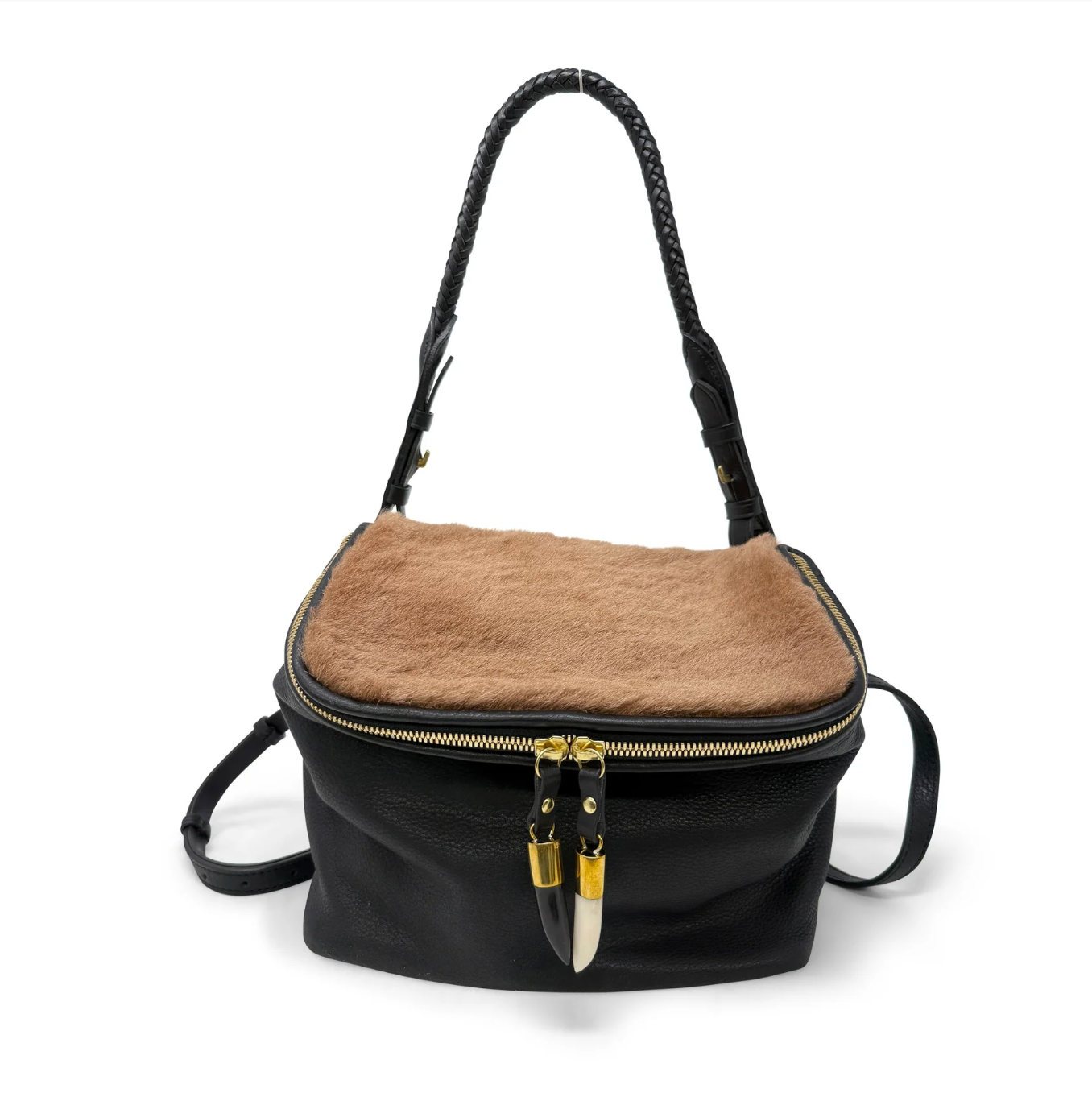 Black and brown handbag with a gold zipper on a white background