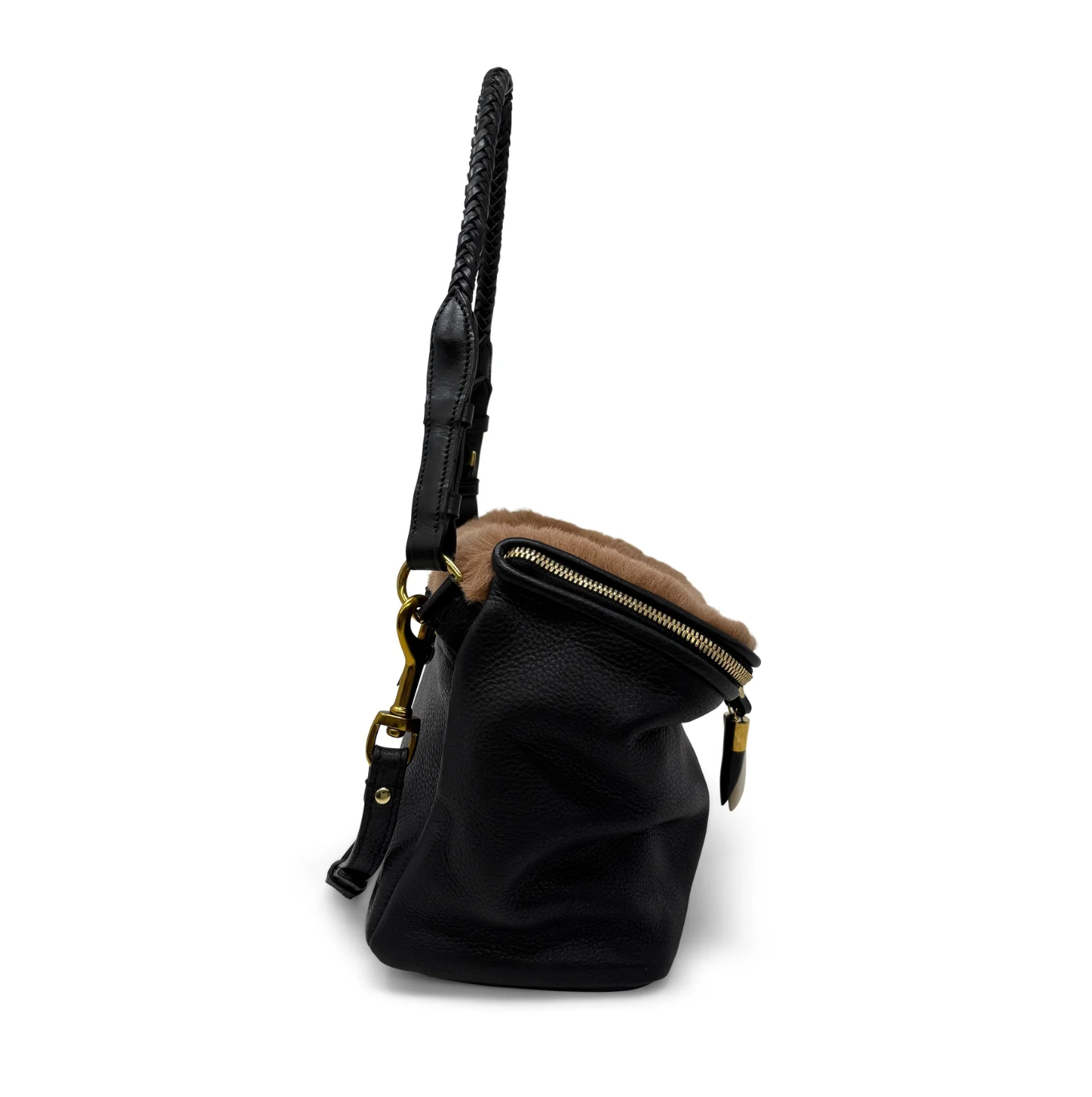 Black bag with a brown fur patch on a white background
