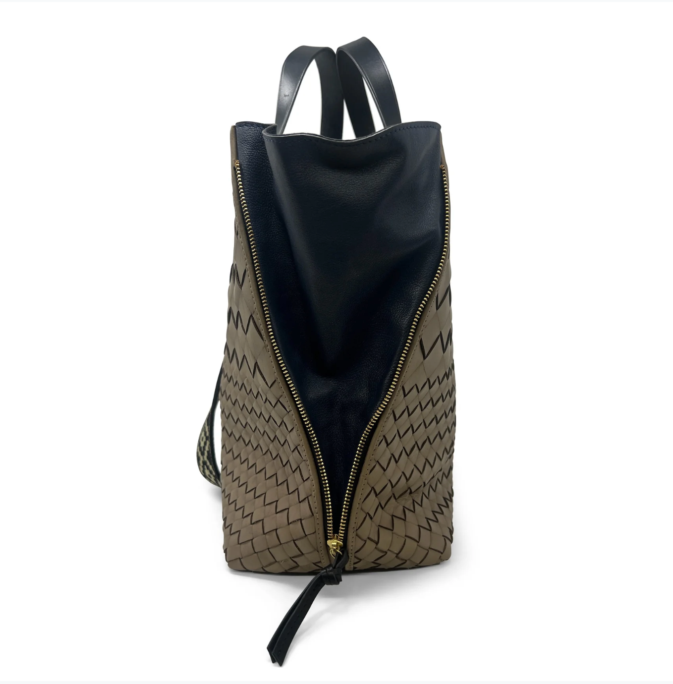 Backpack with geometric pattern and black interior on a white background