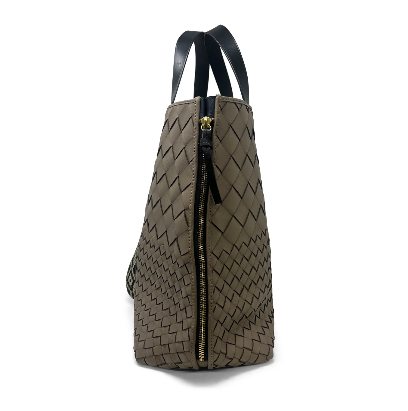 Brown woven backpack with a gold zipper on a white background
