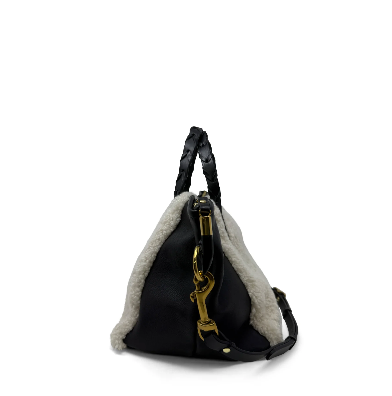 Black handbag with gold clasp on a white background