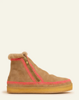 Tan suede boot with pink zipper on a white background