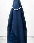 Blue hoodie with a brand logo on a white background