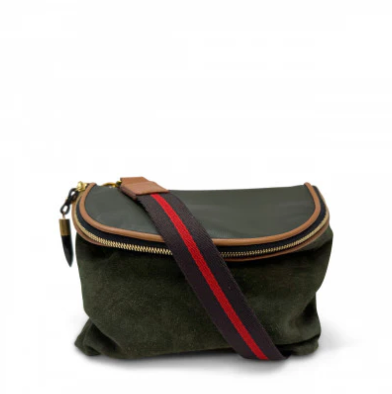 Green bag with a red and black strap on a white background