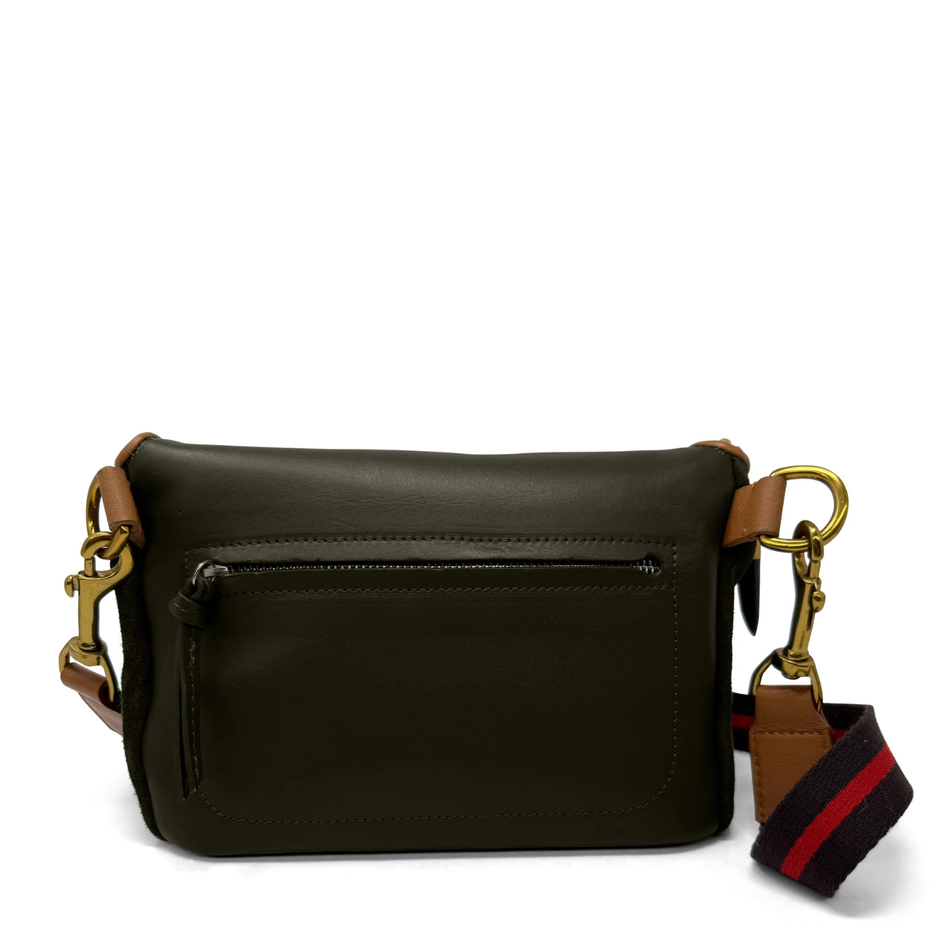 Black leather handbag with gold hardware and a strap on a white background