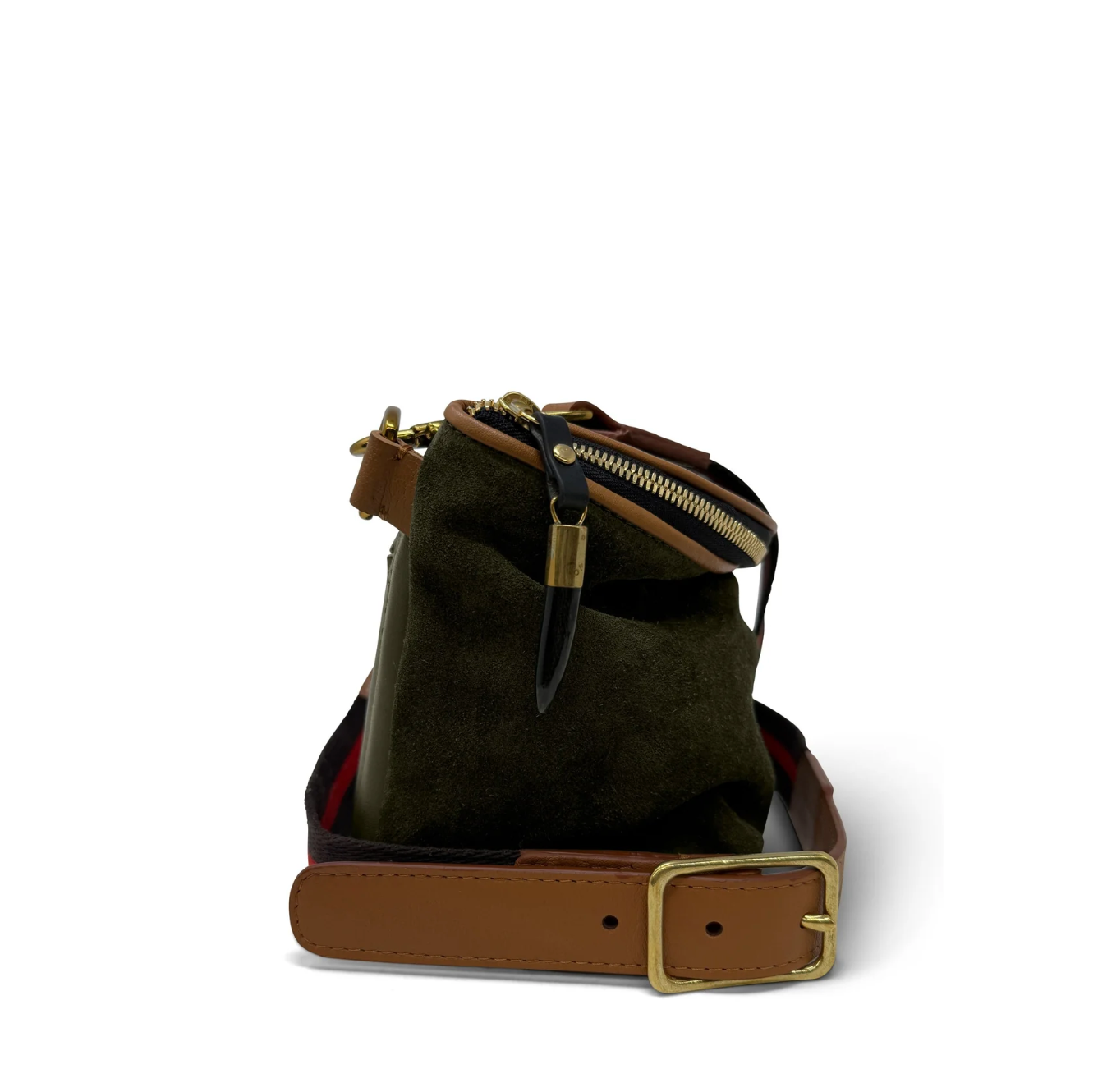 Brown leather bag with a gold buckle on a white background