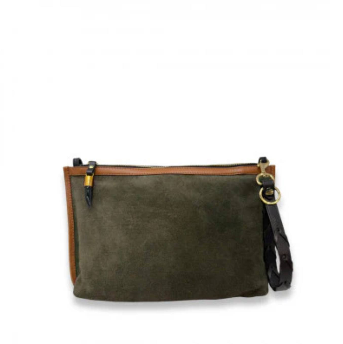 Green leather clutch bag with brown accents on a white background