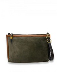 Green leather clutch bag with brown accents on a white background