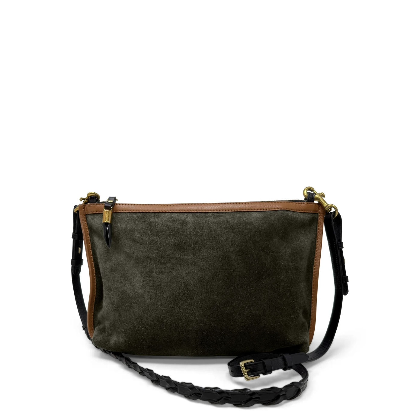 Green leather handbag with braided strap on a white background