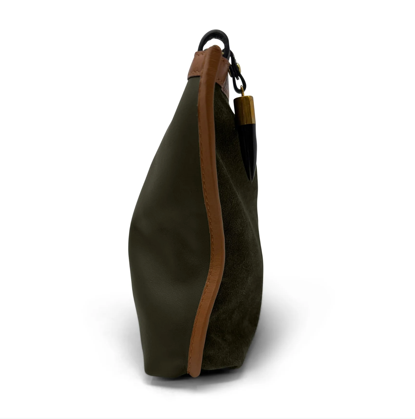 Dark green bag with brown strap on a white background