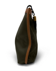 Dark green bag with brown strap on a white background