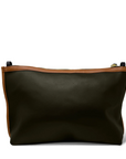 Black leather pouch with brown zipper on a white background