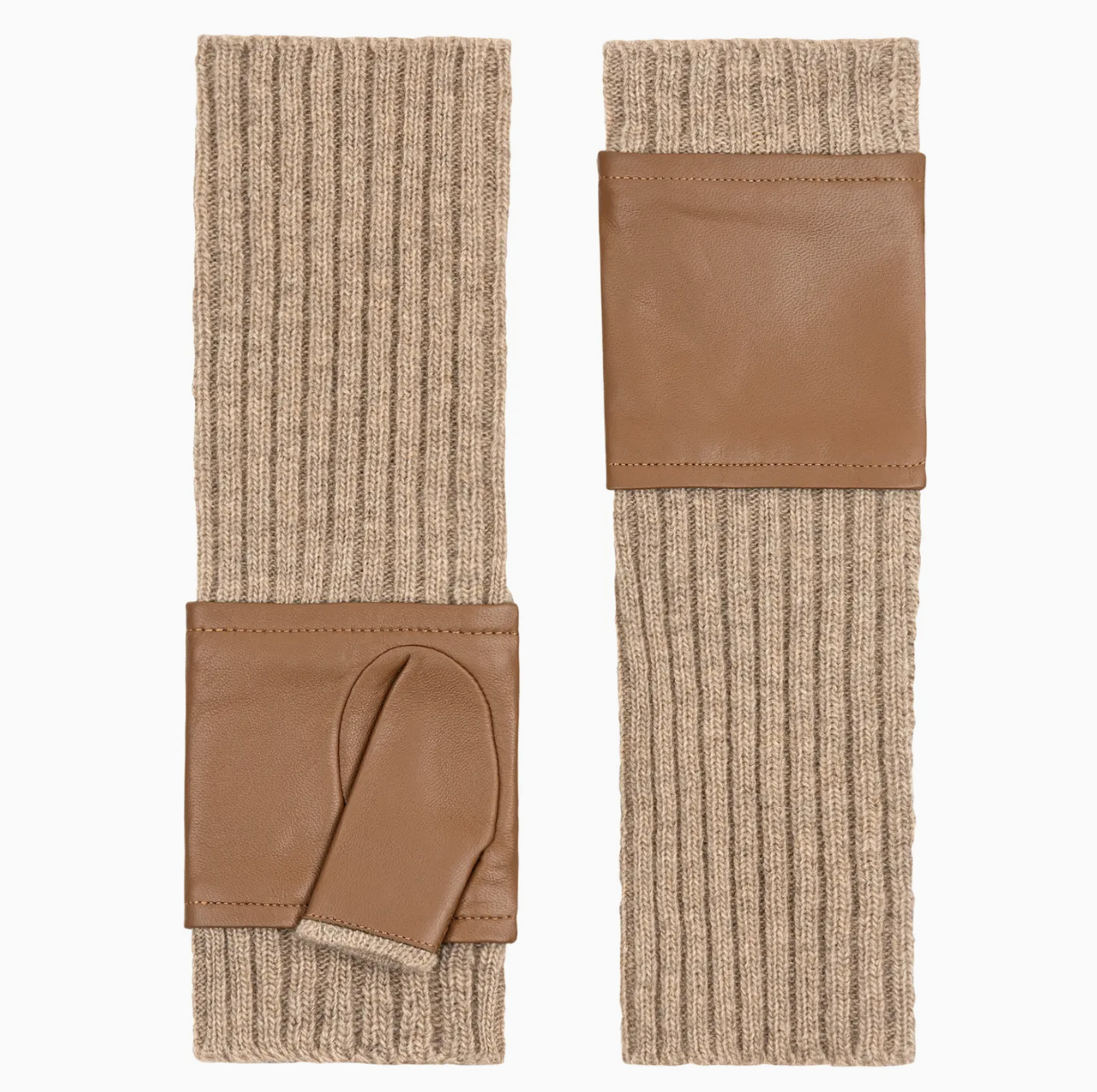 Women's Leather Knit Fingerless Gloves in Oatmeal by Amato New York
