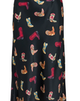 Black skirt with colorful cowboy boot pattern on a white background