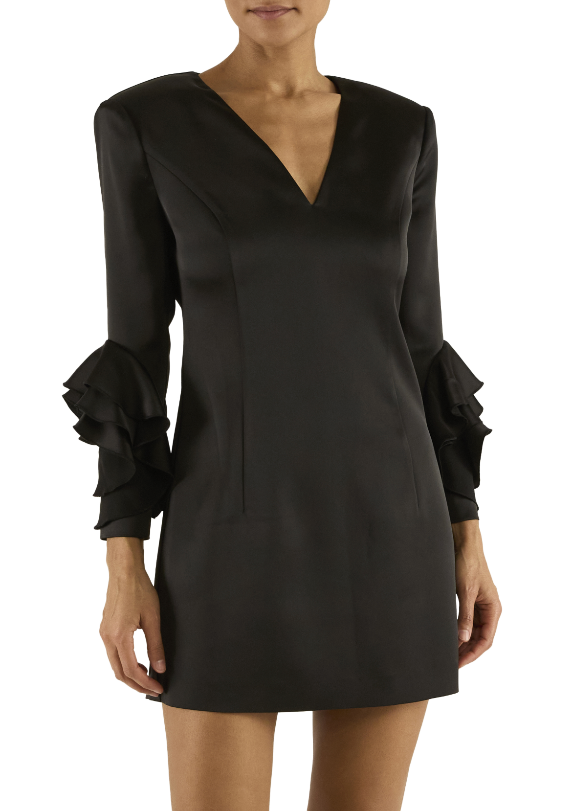 Black dress with ruffled sleeves on a white background