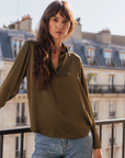 Daria French Cuff Silk Blouse in Army Green by Catherine Gee