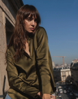 Daria French Cuff Silk Blouse in Army Green by Catherine Gee