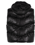 Black puffer vest with a hood on a white background