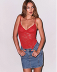 Le Stretch Lace Bodysuit in Red by Fleur Du Mal