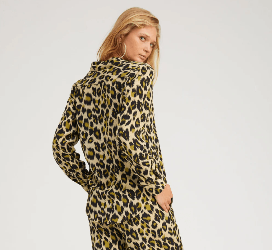 Green Leopard Silk Fitted Button Down by SPRWMN