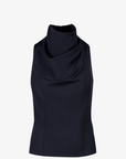 Black sleeveless top with a draped neckline on a white background