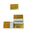 A gold foldover wallet made of leather, displayed both closed and open showing the interior compartments.
