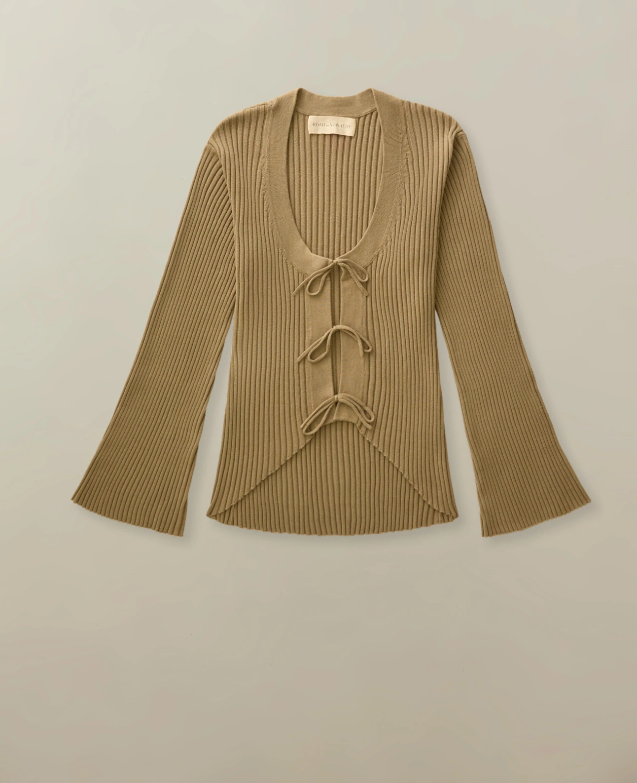 Brown ribbed sweater with lace-up front on a light gray background