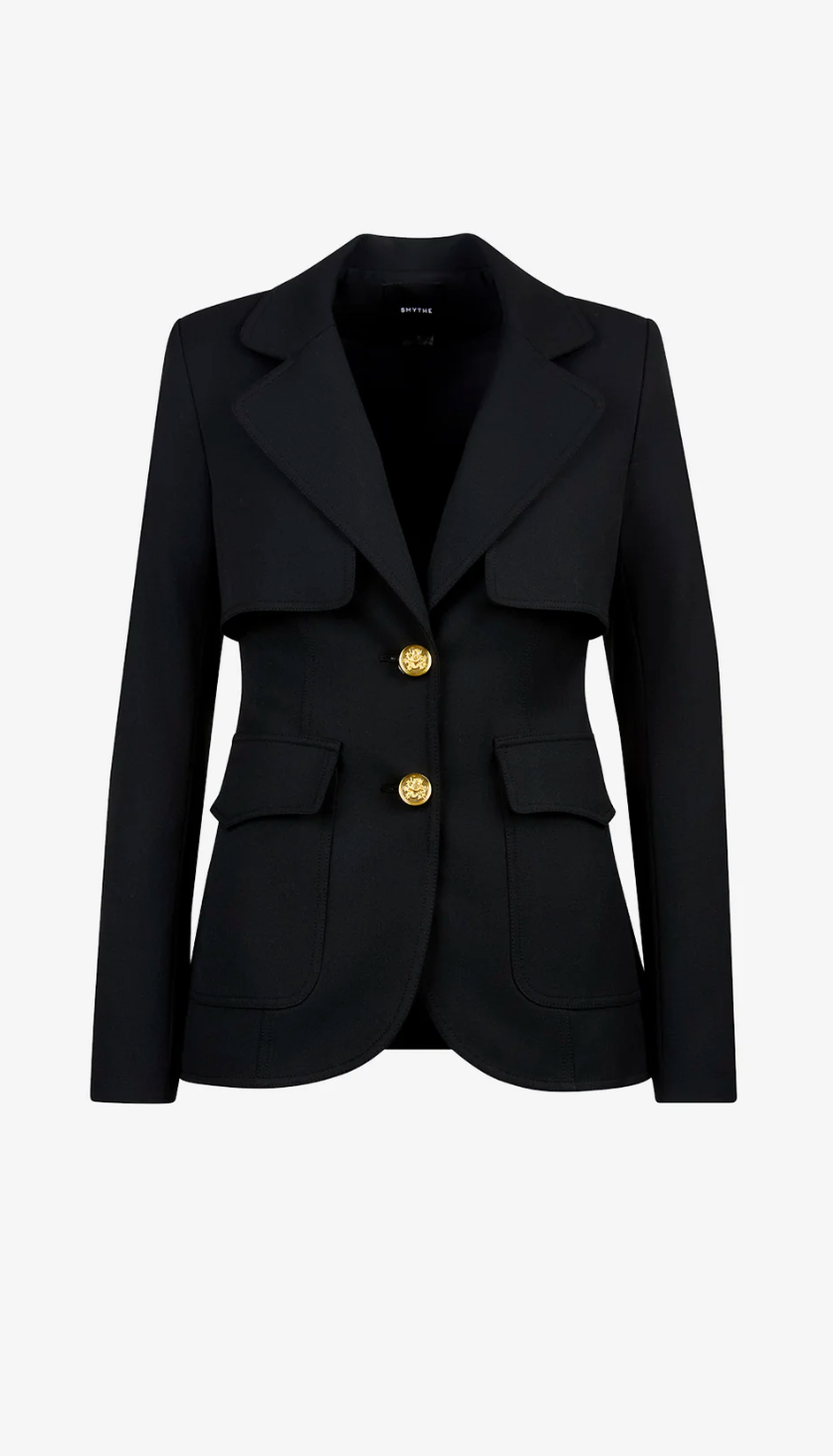 Black blazer with gold buttons on a white background