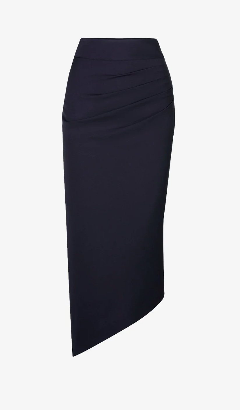 Navy blue pencil skirt on a light gray background