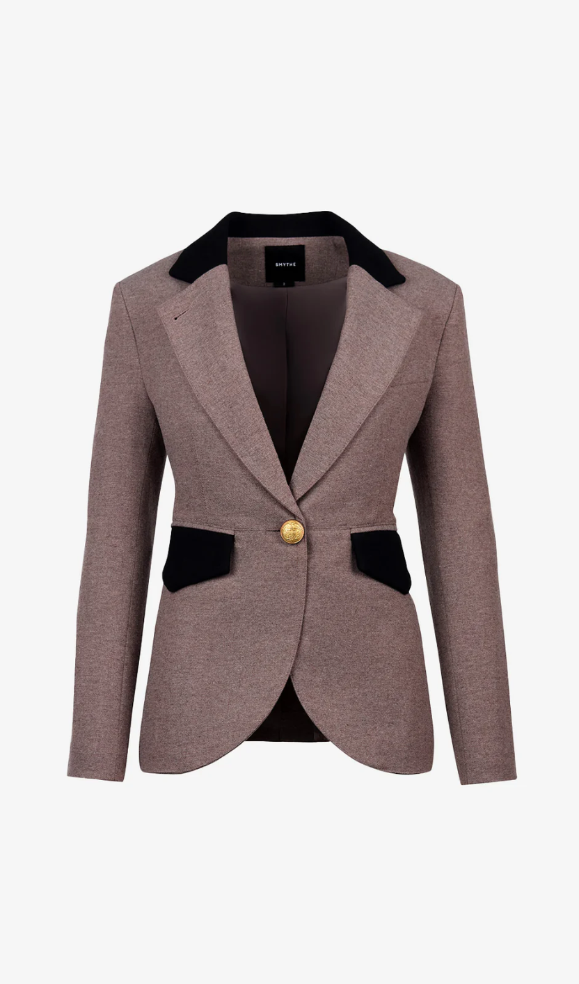 Gray blazer with black accents on a white background