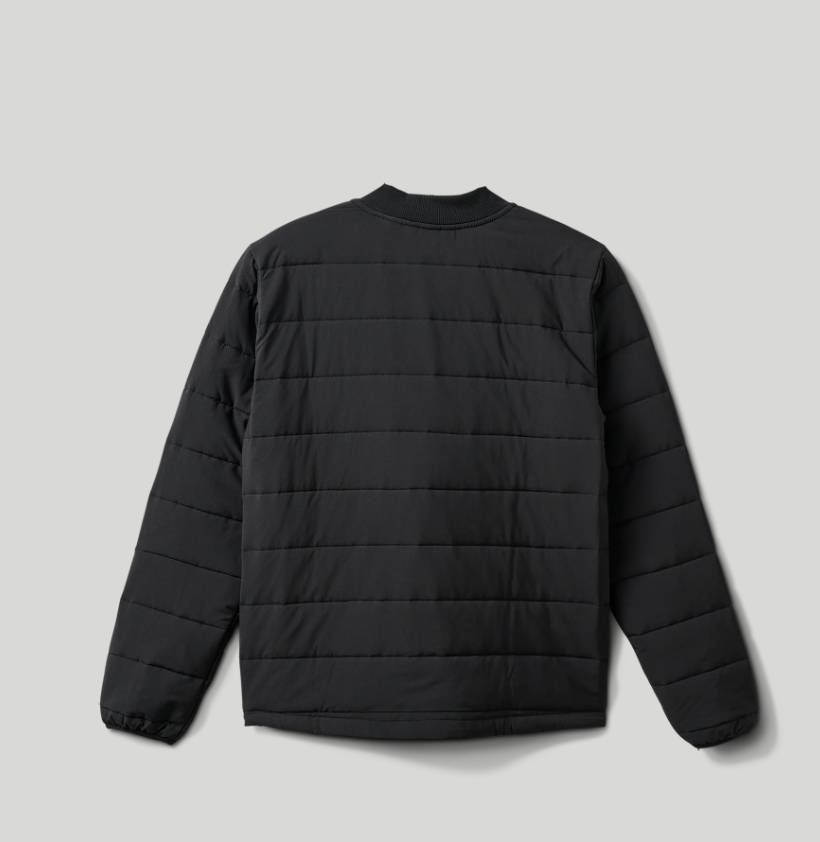 Black puffer jacket on a light gray background