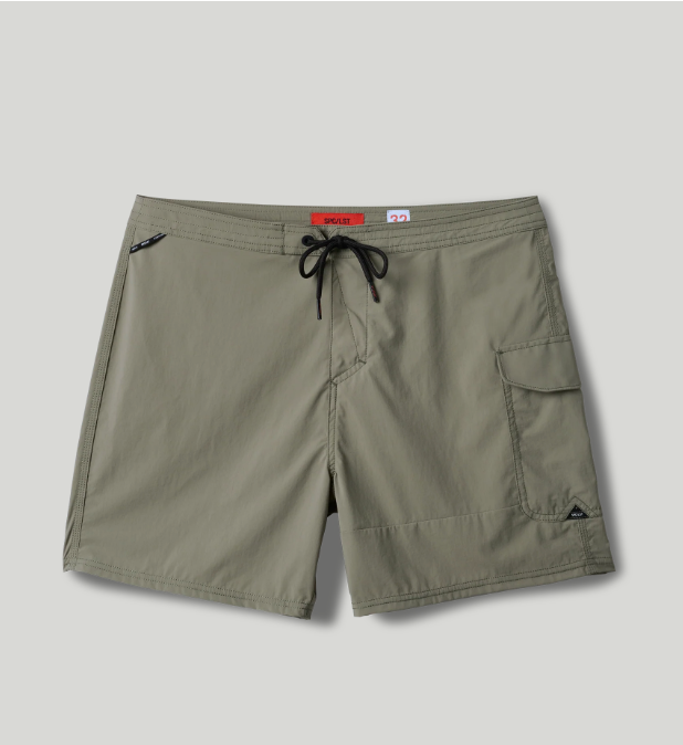 Olive green shorts with a drawstring on a light gray background